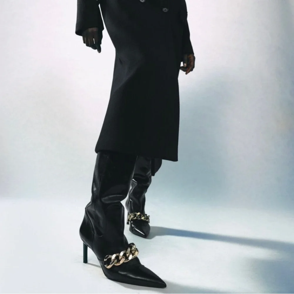 Zara Heeled Leather Knee High Boots With Chain Detail - Picture 2 of 16